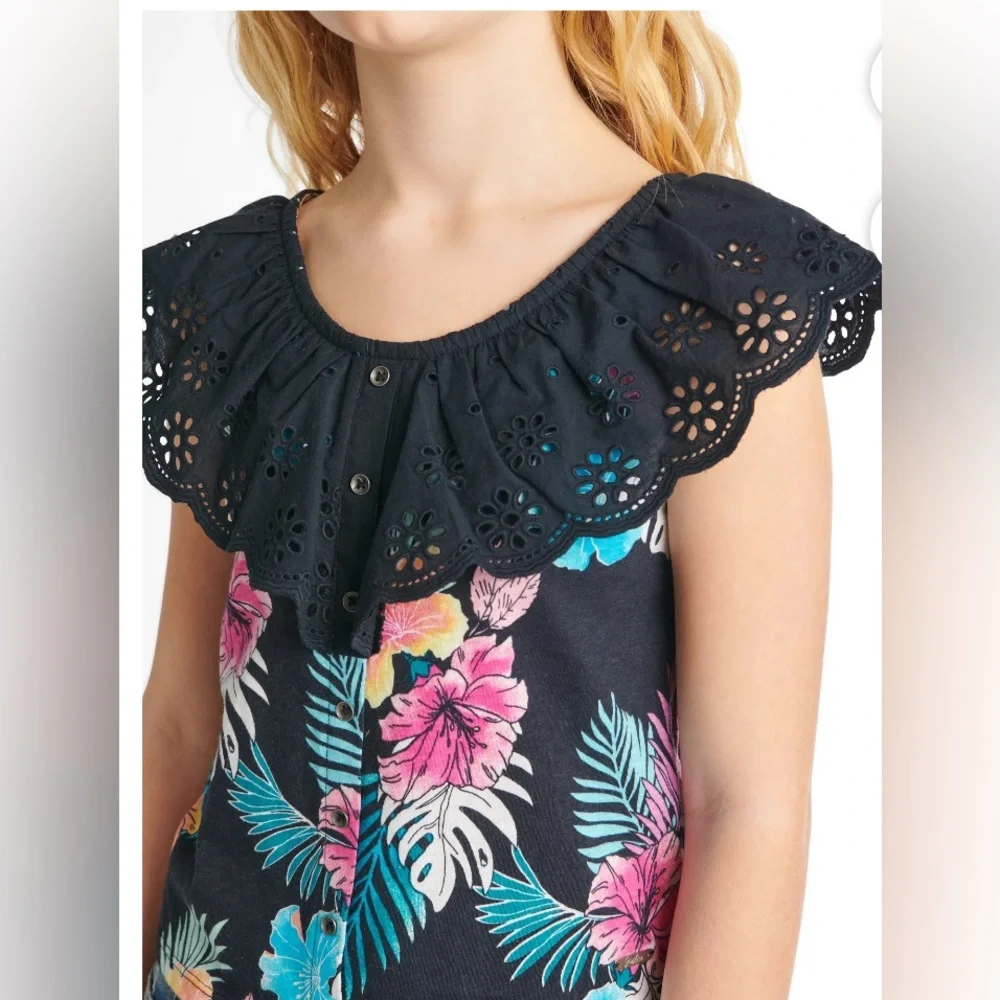 Justice Black and Pink Ruffled Blouse with Lace Neckline